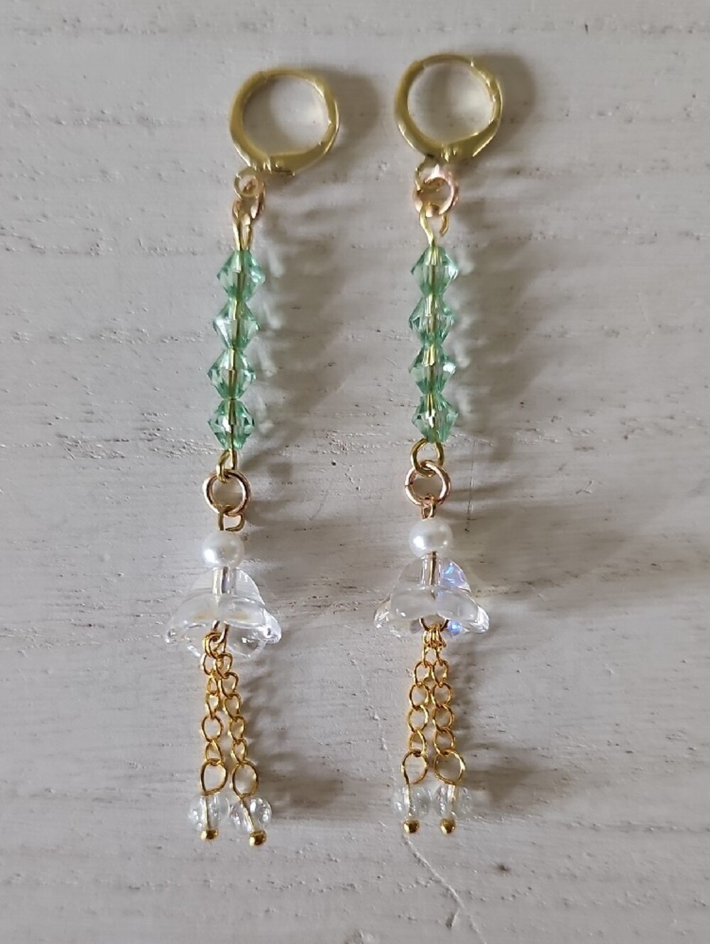 Gold-Tone Flower Dangle Earrings with Green Faceted Beads